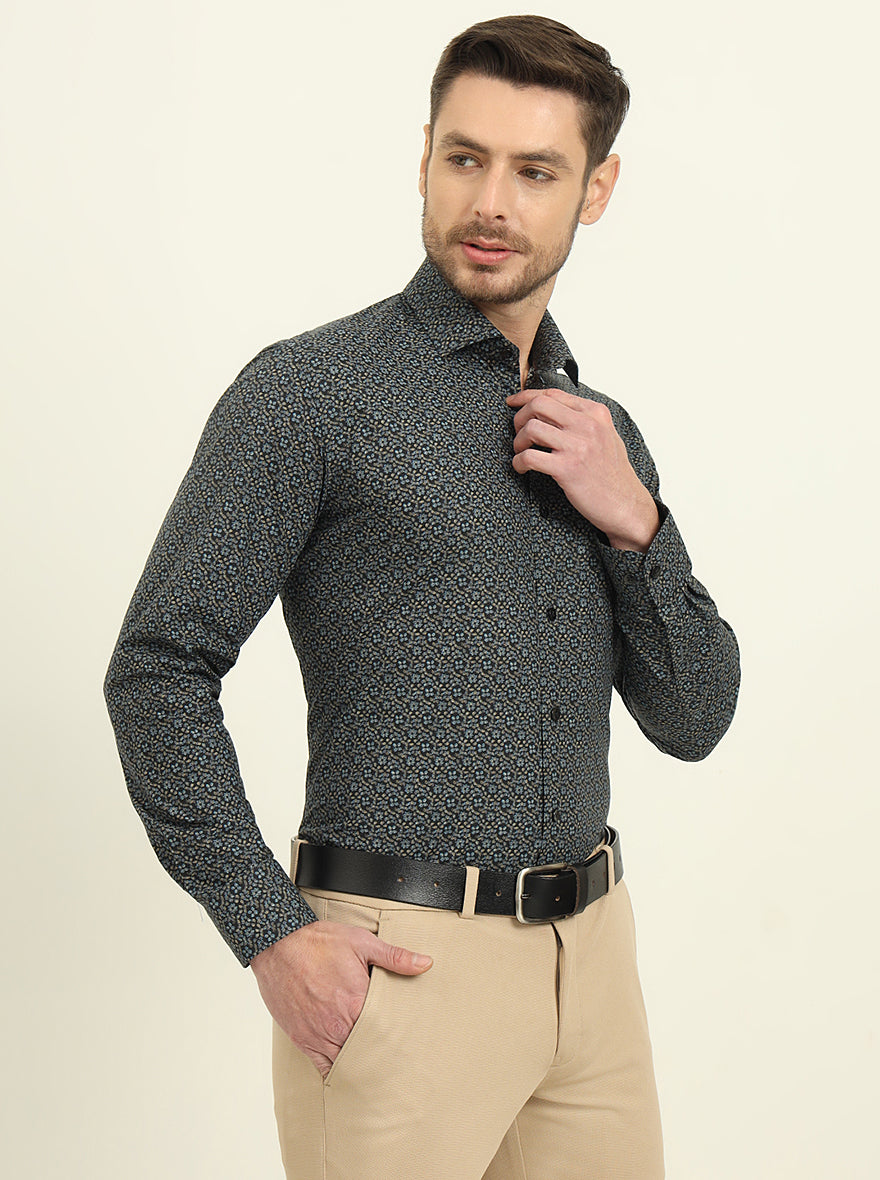 Navy Blue Printed Slim Fit Formal Shirt | Metal