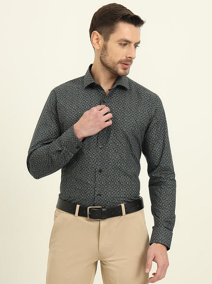 Navy Blue Printed Slim Fit Formal Shirt | Metal