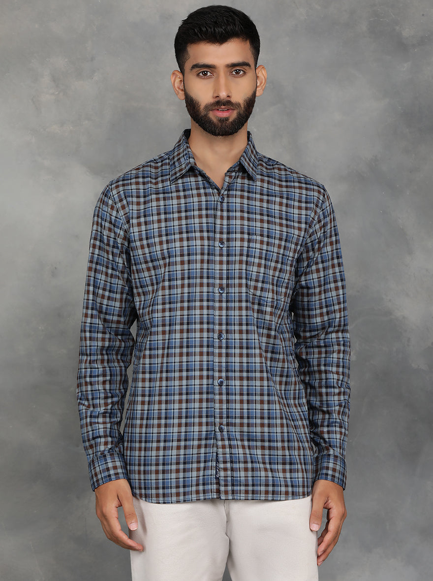 Blue Checked Slim Fit Casual Shirt | JadeBlue