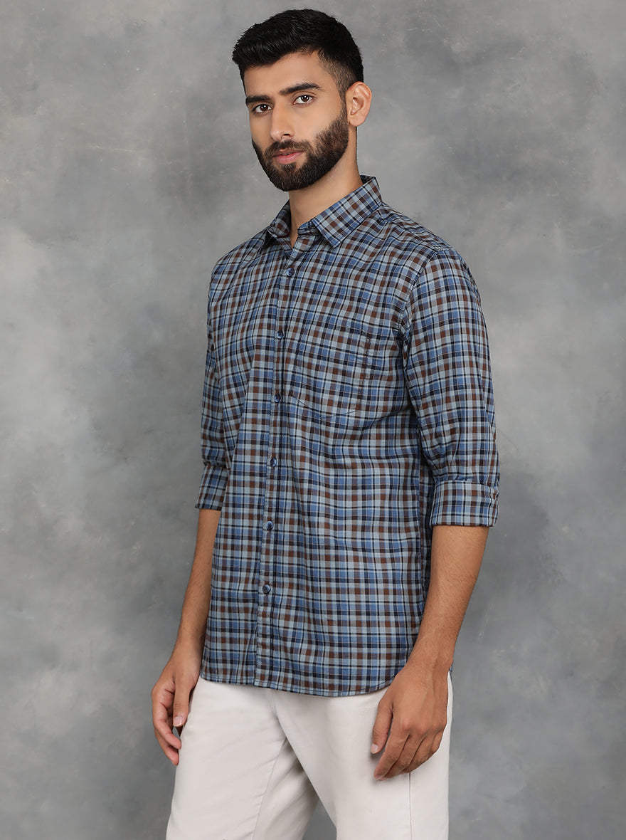 Blue Checked Slim Fit Casual Shirt | JadeBlue