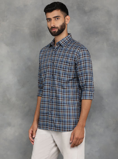 Blue Checked Slim Fit Casual Shirt | JadeBlue