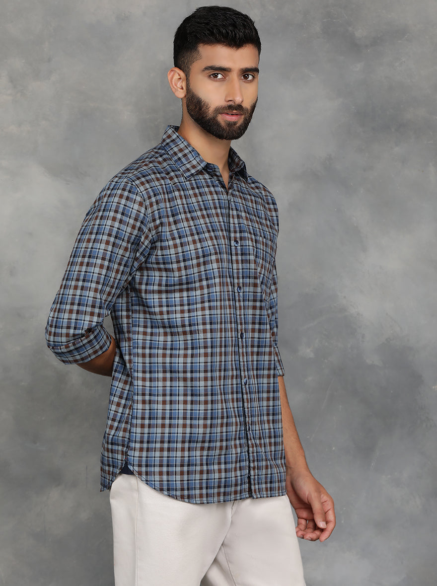 Blue Checked Slim Fit Casual Shirt | JadeBlue