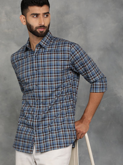 Blue Checked Slim Fit Casual Shirt | JadeBlue