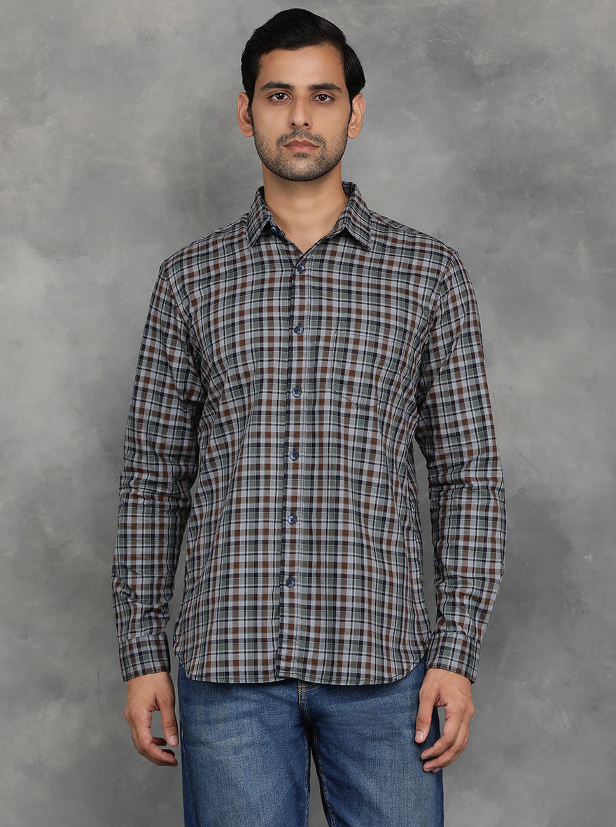 Green & Brown Checked Slim Fit Casual Shirt | JadeBlue