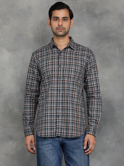 Green & Brown Checked Slim Fit Casual Shirt | JadeBlue