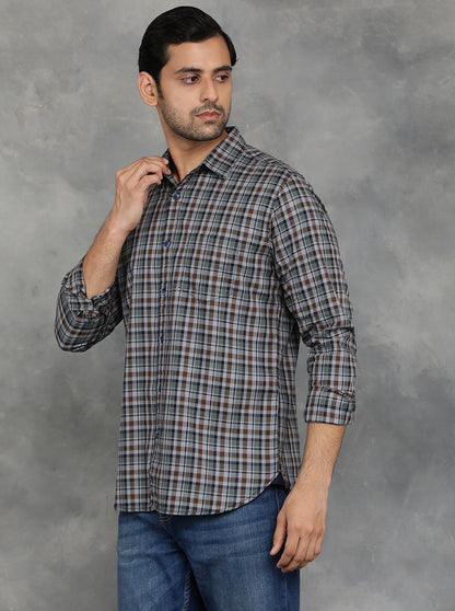 Green & Brown Checked Slim Fit Casual Shirt | JadeBlue