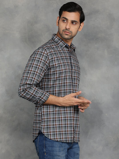 Green & Brown Checked Slim Fit Casual Shirt | JadeBlue