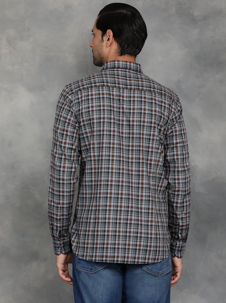 Green & Brown Checked Slim Fit Casual Shirt | JadeBlue