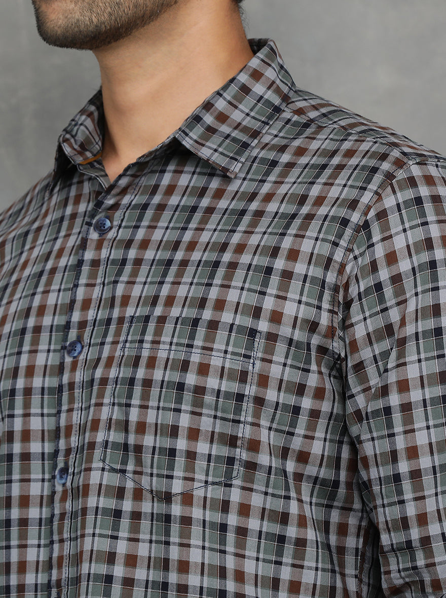 Green & Brown Checked Slim Fit Casual Shirt | JadeBlue