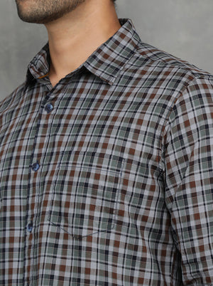 Green & Brown Checked Slim Fit Casual Shirt | JadeBlue
