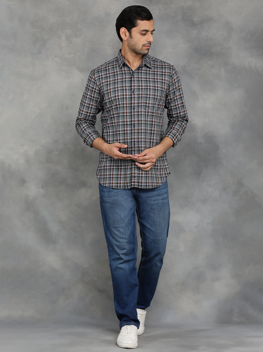 Green & Brown Checked Slim Fit Casual Shirt | JadeBlue