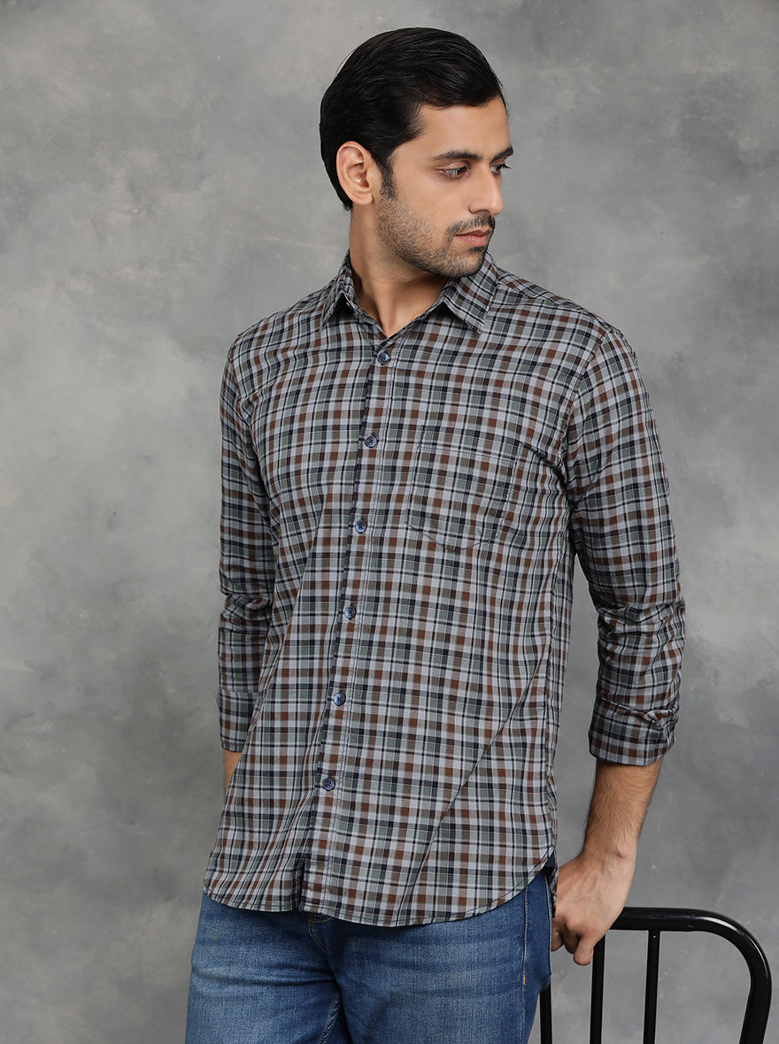 Green & Brown Checked Slim Fit Casual Shirt | JadeBlue