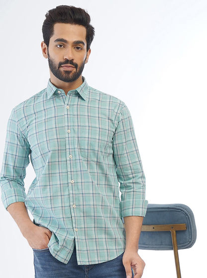 Green Checked Smart Fit Semi Casual Shirt | Greenfibre