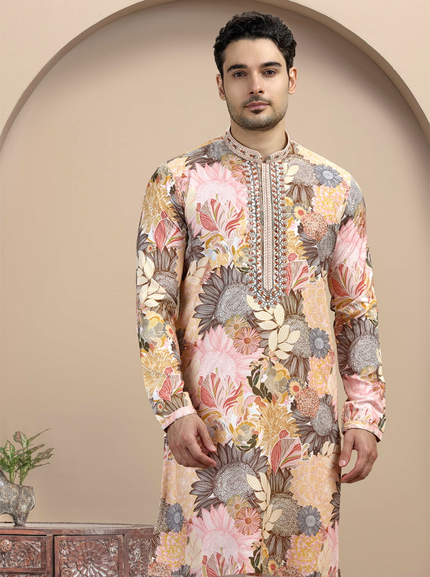 Yellow & Brown Printed Kurta Pajama | Virasana