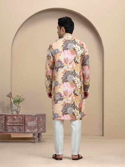 Yellow & Brown Printed Kurta Pajama | Virasana