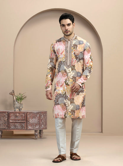 Yellow & Brown Printed Kurta Pajama | Virasana
