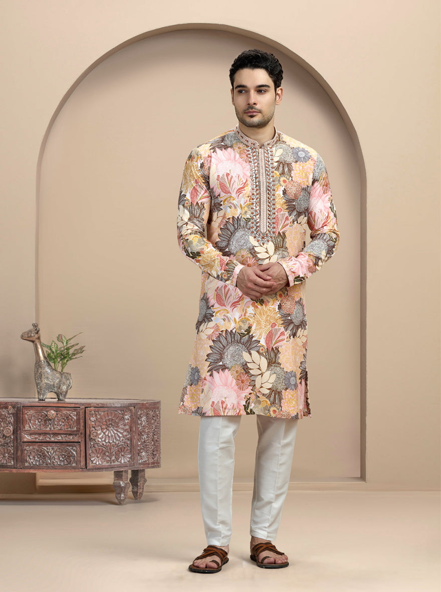 Yellow & Brown Printed Kurta Pajama | Virasana