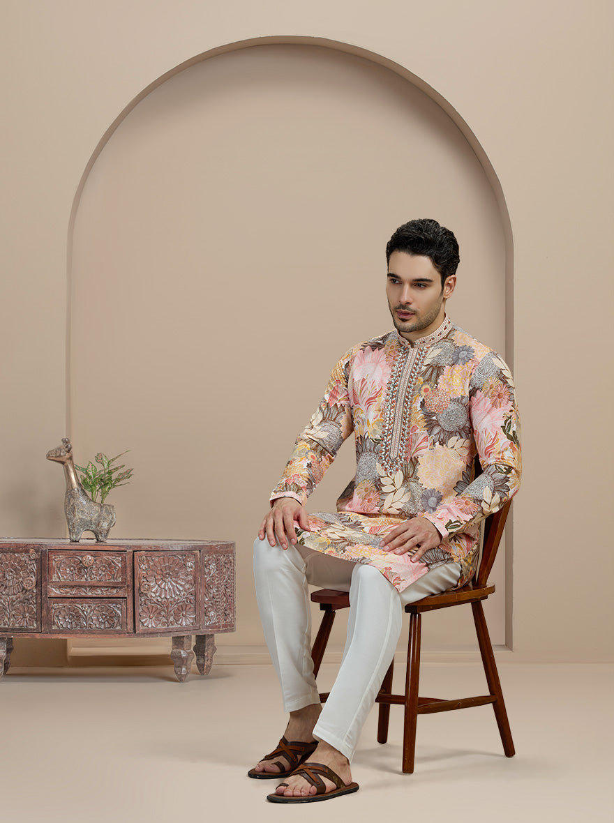 Yellow & Brown Printed Kurta Pajama | Virasana