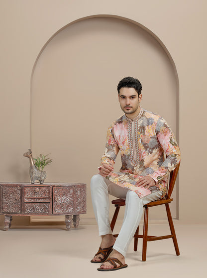 Yellow & Brown Printed Kurta Pajama | Virasana