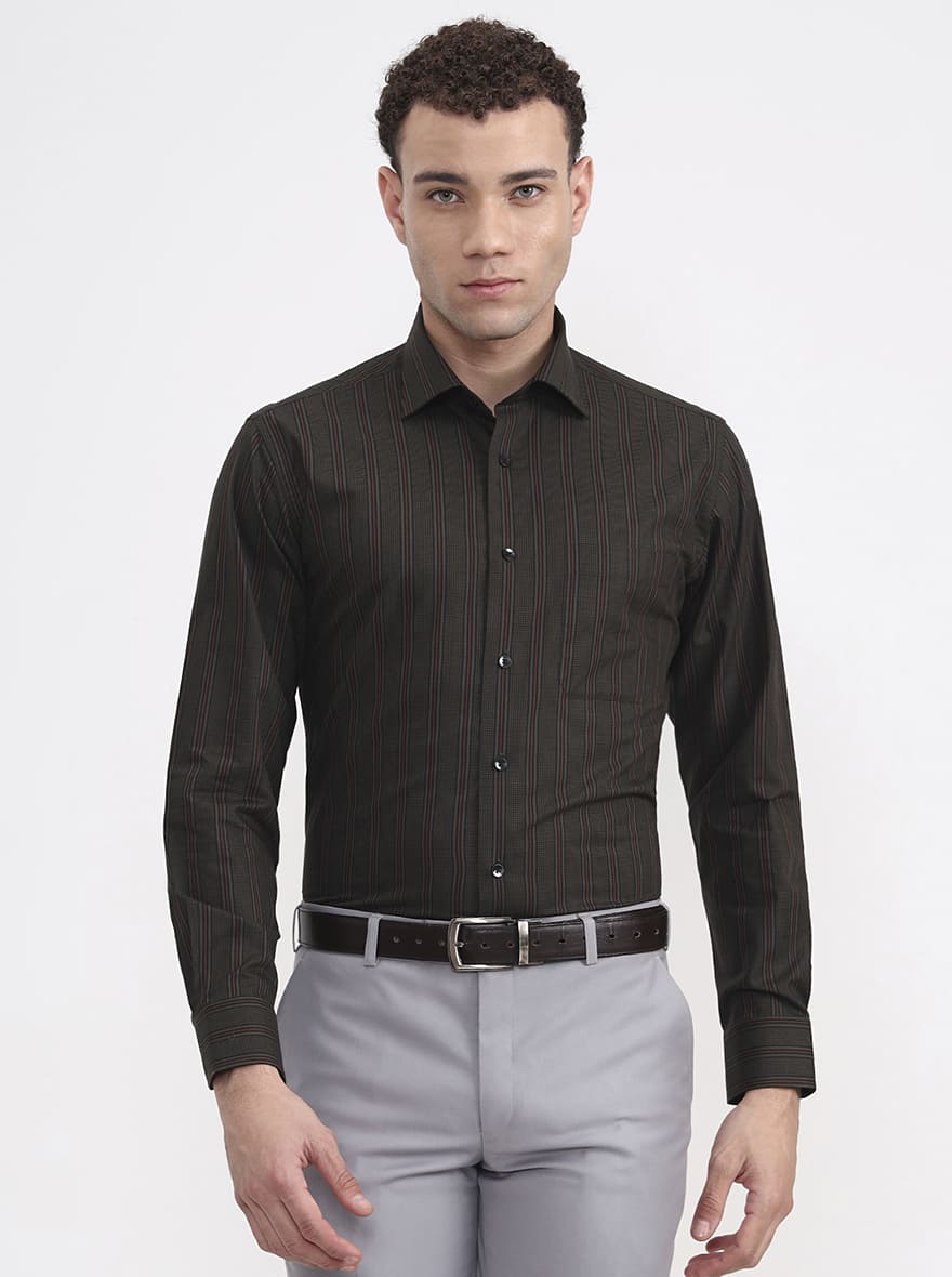 Olive Green Striped Slim Fit Formal Shirt | Metal