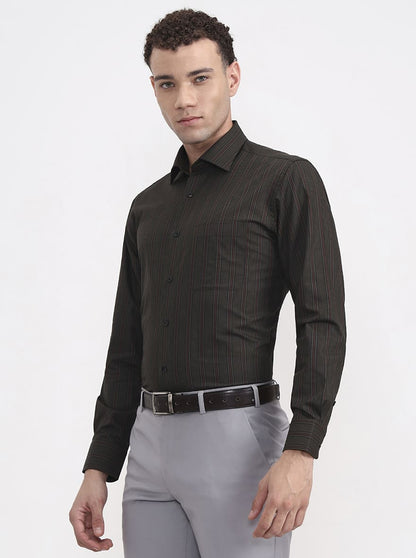 Olive Green Striped Slim Fit Formal Shirt | Metal