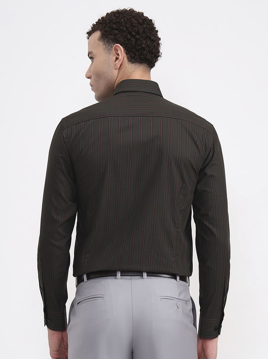Olive Green Striped Slim Fit Formal Shirt | Metal