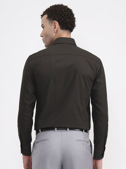 Olive Green Striped Slim Fit Formal Shirt | Metal