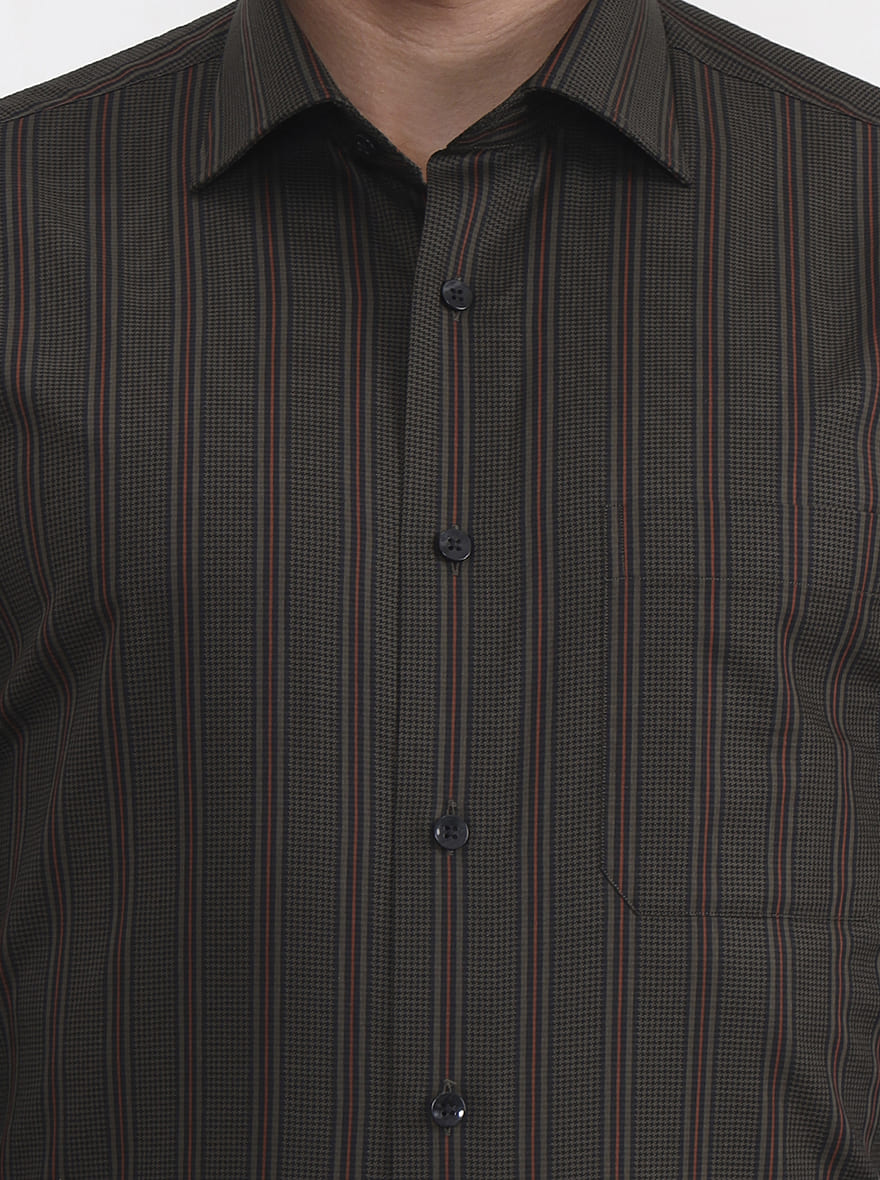 Olive Green Striped Slim Fit Formal Shirt | Metal