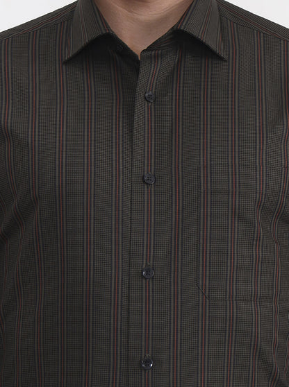 Olive Green Striped Slim Fit Formal Shirt | Metal
