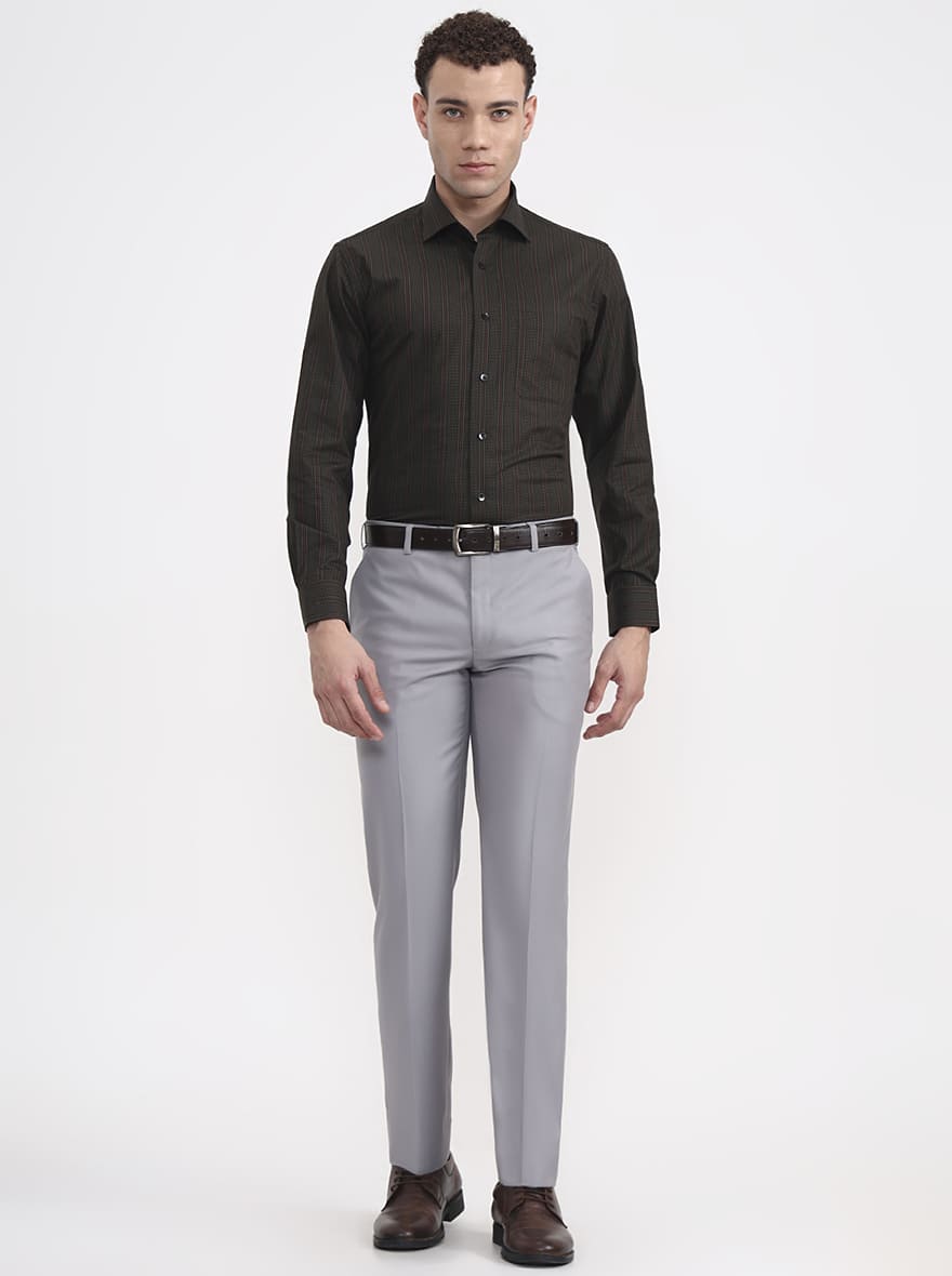 Olive Green Striped Slim Fit Formal Shirt | Metal