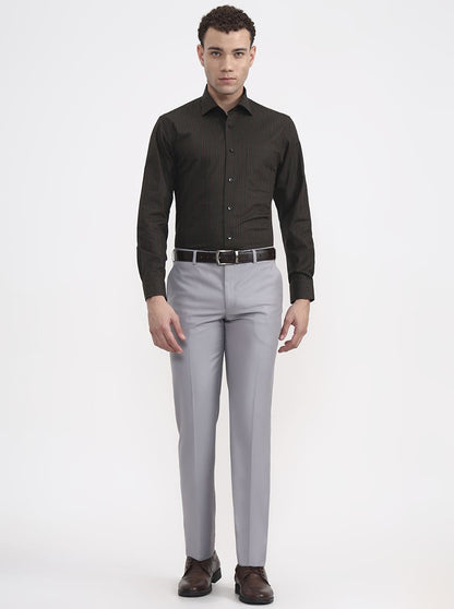 Olive Green Striped Slim Fit Formal Shirt | Metal