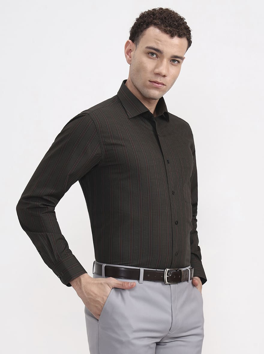 Olive Green Striped Slim Fit Formal Shirt | Metal