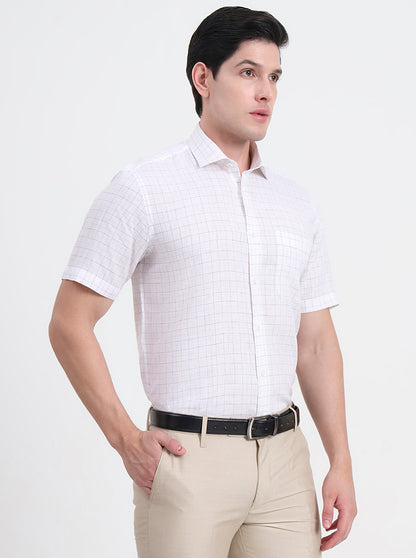 White & Brown Checked Regular Fit Formal Shirt | JadeBlue