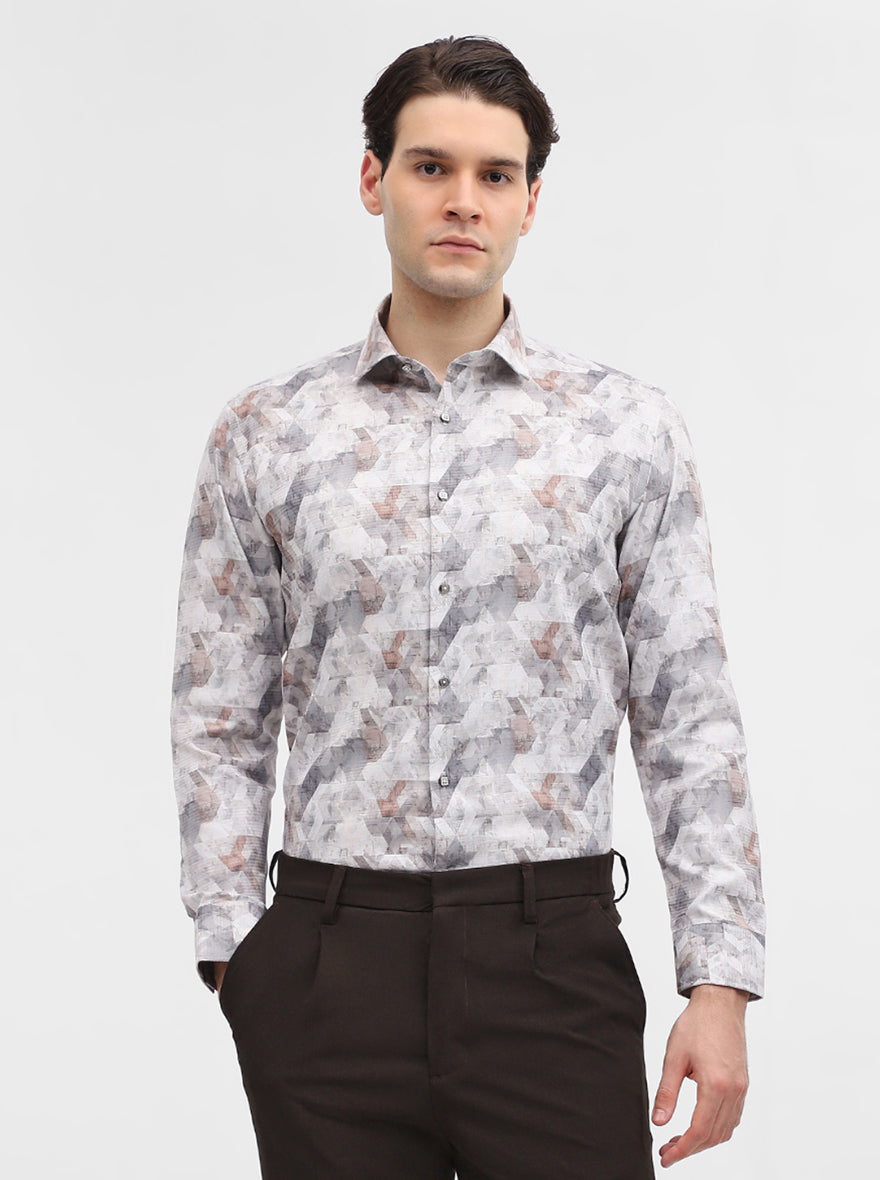 Grey & White Printed Slim Fit Party Wear Shirt | Greenfibre