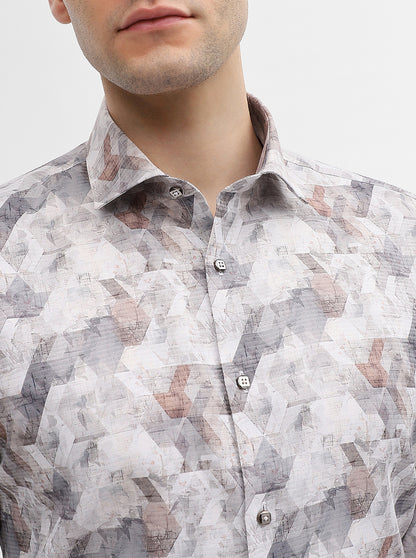 Grey & White Printed Slim Fit Party Wear Shirt | Greenfibre