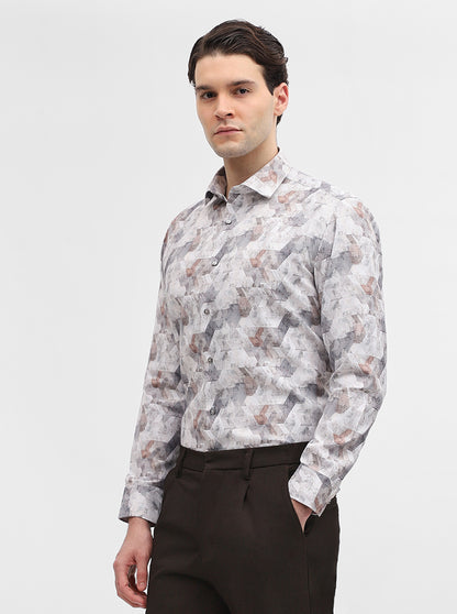 Grey & White Printed Slim Fit Party Wear Shirt | Greenfibre