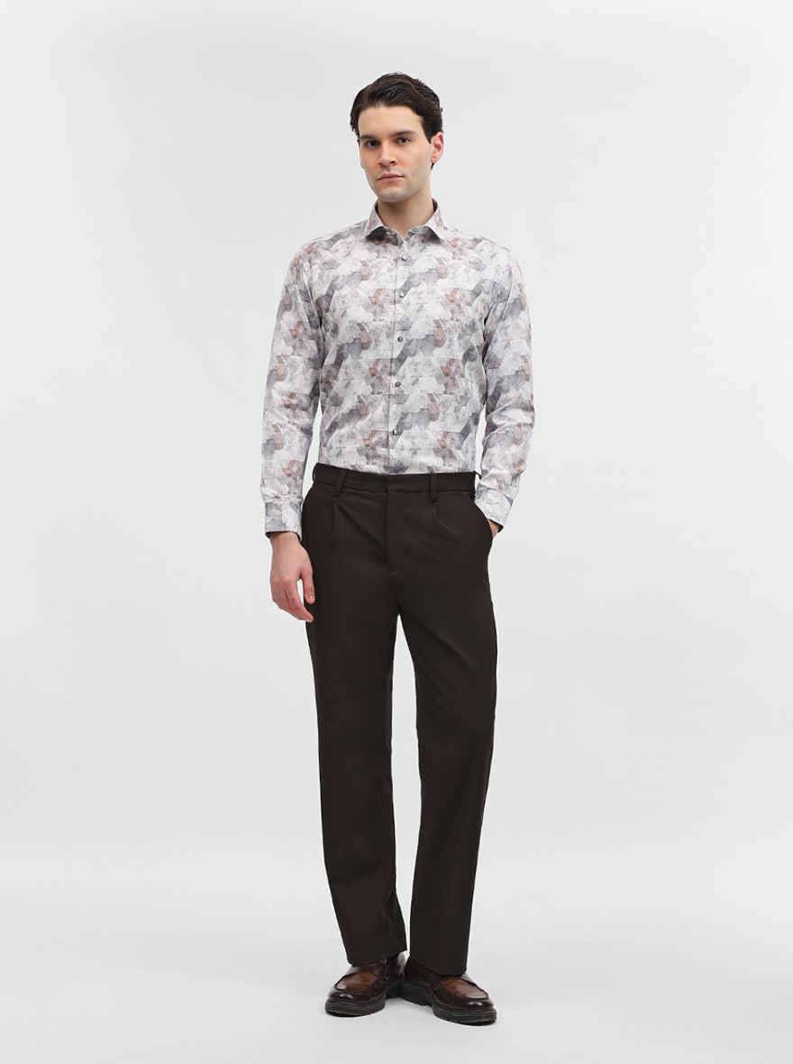 Grey & White Printed Slim Fit Party Wear Shirt | Greenfibre