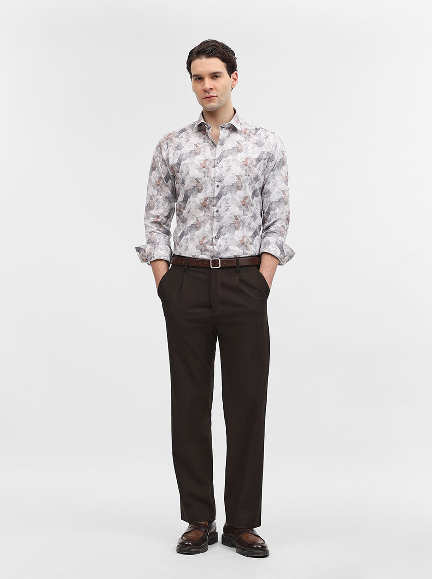 Grey & White Printed Slim Fit Party Wear Shirt | Greenfibre