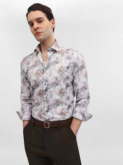 Grey & White Printed Slim Fit Party Wear Shirt | Greenfibre