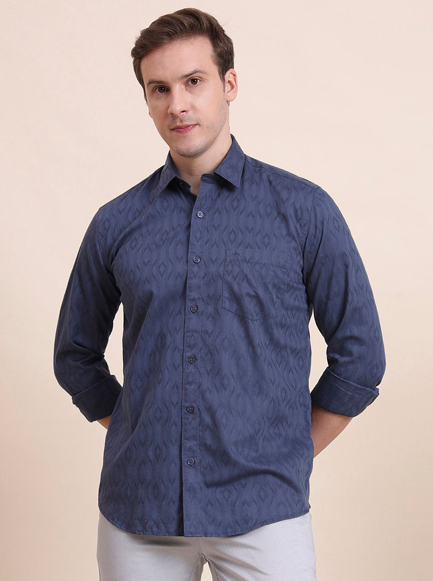 Blue Printed Tailored Fit Semi Casual Shirt | JadeBlue