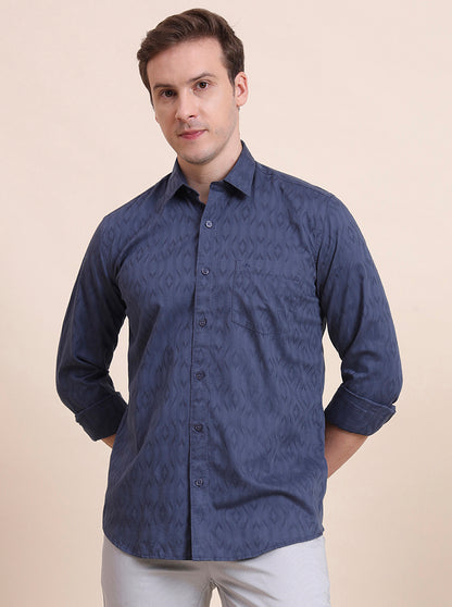 Blue Printed Tailored Fit Semi Casual Shirt | JadeBlue