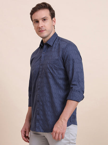 Blue Printed Tailored Fit Semi Casual Shirt | JadeBlue