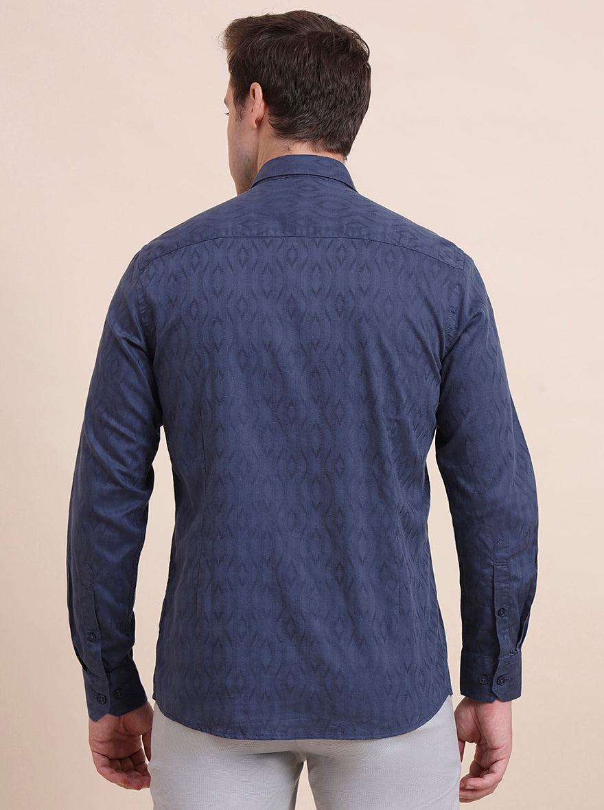 Blue Printed Tailored Fit Semi Casual Shirt | JadeBlue