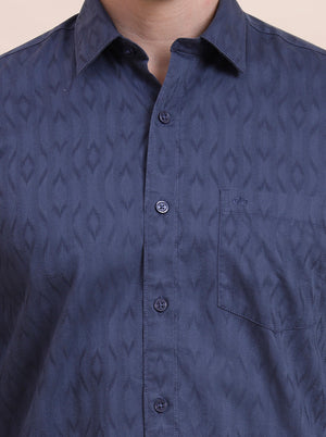 Blue Printed Tailored Fit Semi Casual Shirt | JadeBlue