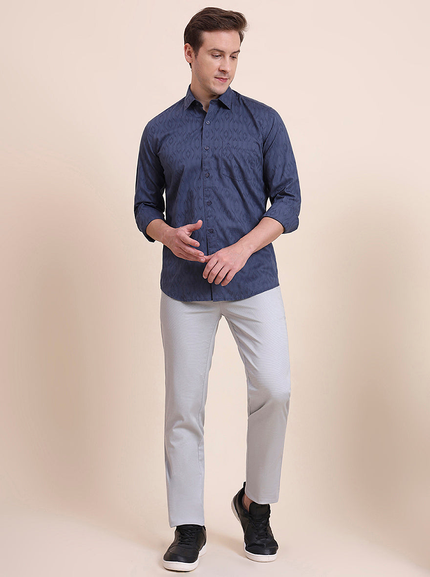 Blue Printed Tailored Fit Semi Casual Shirt | JadeBlue