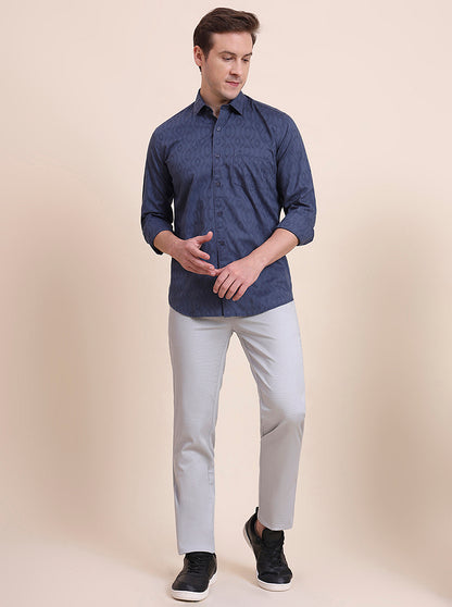 Blue Printed Tailored Fit Semi Casual Shirt | JadeBlue