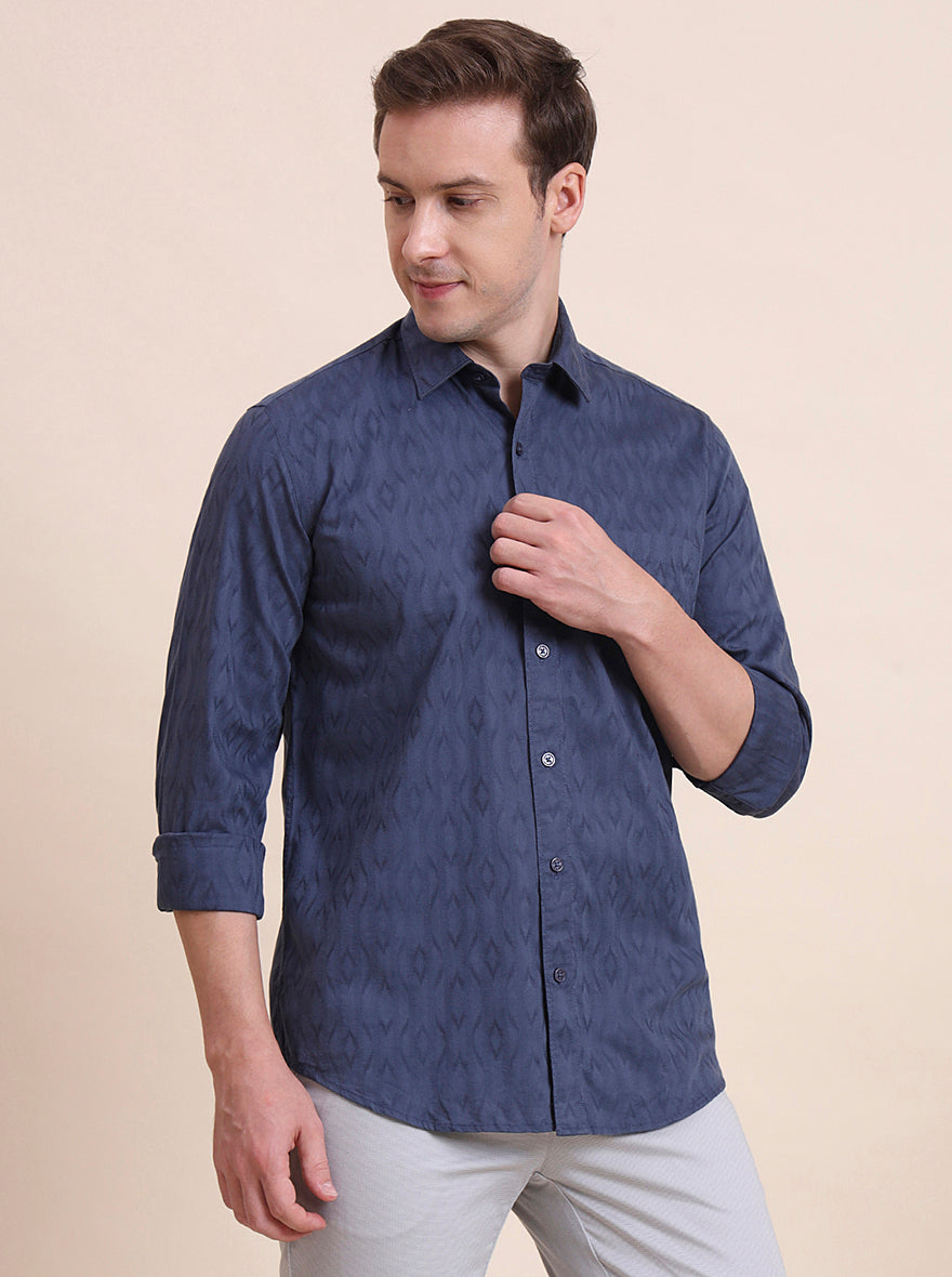 Blue Printed Tailored Fit Semi Casual Shirt | JadeBlue