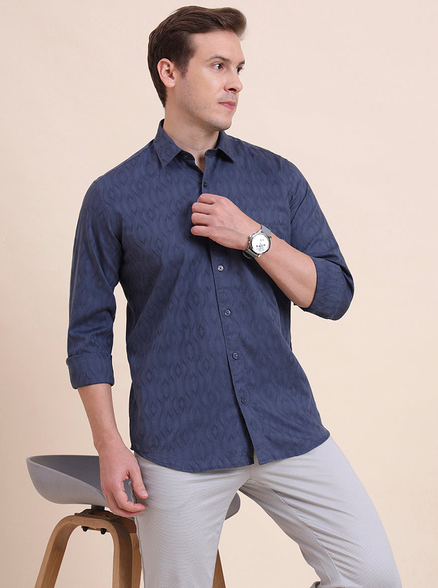 Blue Printed Tailored Fit Semi Casual Shirt | JadeBlue