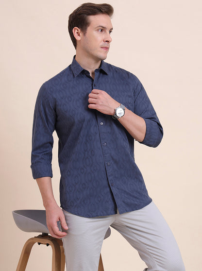 Blue Printed Tailored Fit Semi Casual Shirt | JadeBlue