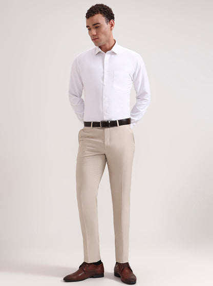 Cream Solid Slim Fit Formal Trouser | Greenfibre